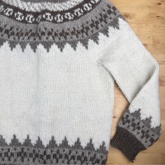 SOLD-Vtg Fair Isle Chunky Wool Cardigan Sweater Handmade M/L Brown Neutral Cream - Picture 13 of 16